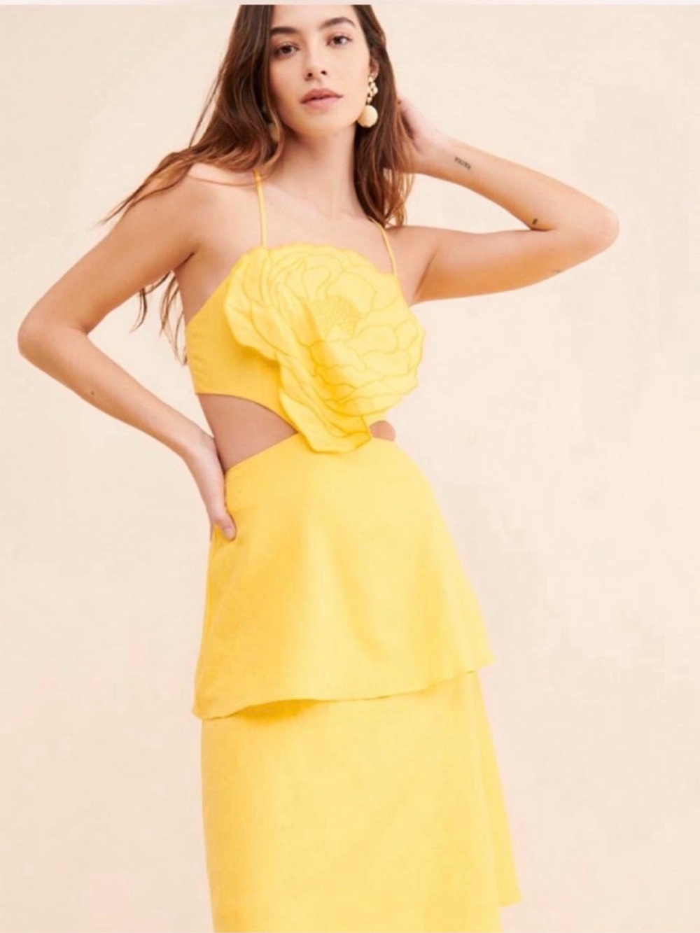 Farm Rio Yellow Floral Appliqué Cutout Dress Size L